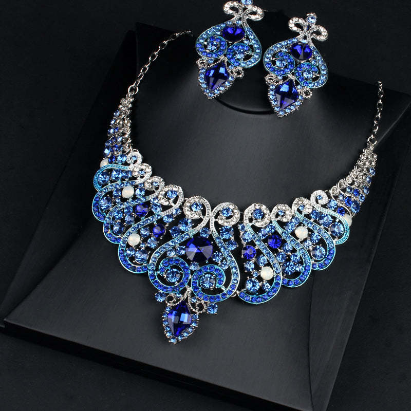 Blue Vintage Retro  Pendant Marquise Diamonds Luxury 18k Gold Plated Necklace Earring Jewelry Set | Mix Mix Style-Mix MIx Style