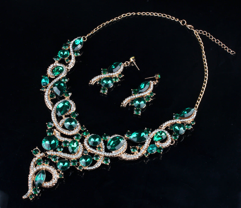 Vintage Embellished Pendant Green Round Diamond Luxury 18k Gold Plated Necklace Earrings Jewelry Set | Mix Mix Style-Mix MIx Style