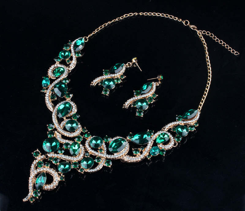 Vintage Embellished Pendant Green Round Diamond Luxury 18k Gold Plated Necklace Earrings Jewelry Set | Mix Mix Style-Mix MIx Style