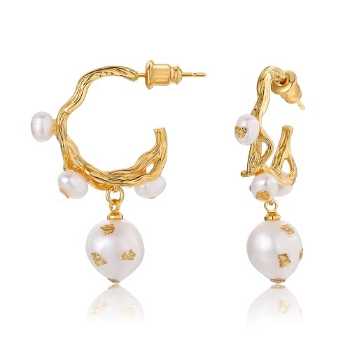 Fluidable Irregular 18K Gold Plated Akoya Pearl, Half Hoop Dangle Drop Earrings | Mix Mix Style [Hot Seller]-Mix MIx Style