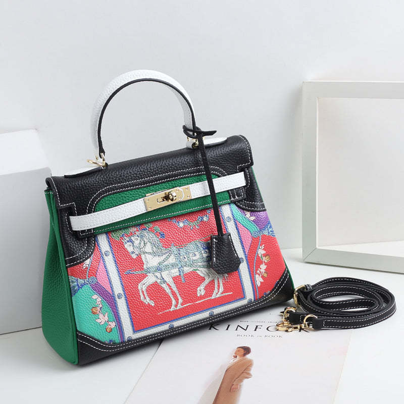 New fashion printed graffiti Kelly bag cartoon pattern genuine leather women's bag first layer cowhide shoulder crossbody handbag-Mix MIx Style