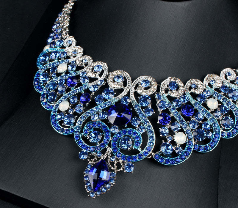 Blue Vintage Retro  Pendant Marquise Diamonds Luxury 18k Gold Plated Necklace Earring Jewelry Set | Mix Mix Style-Mix MIx Style