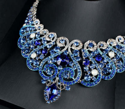 Blue Vintage Retro  Pendant Marquise Diamonds Luxury 18k Gold Plated Necklace Earring Jewelry Set | Mix Mix Style-Mix MIx Style