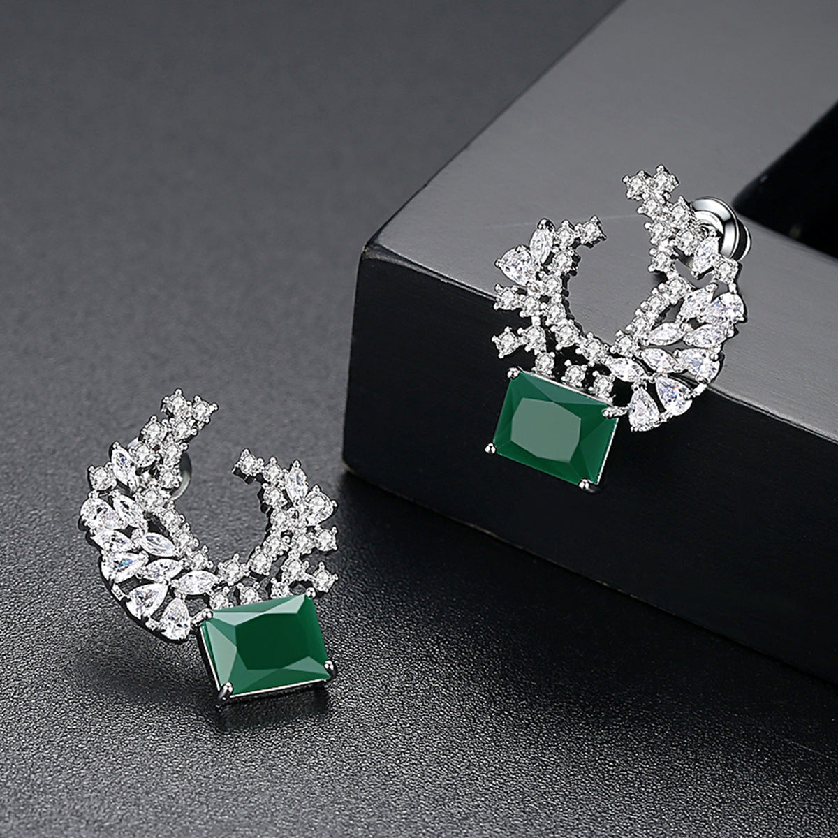 Green & White Timeless Radiant Cut Moissanite Diamonds Elegant 18k White Gold Plated Vintage Retro Stud Earrings | Mix Mix Style-Mix MIx Style