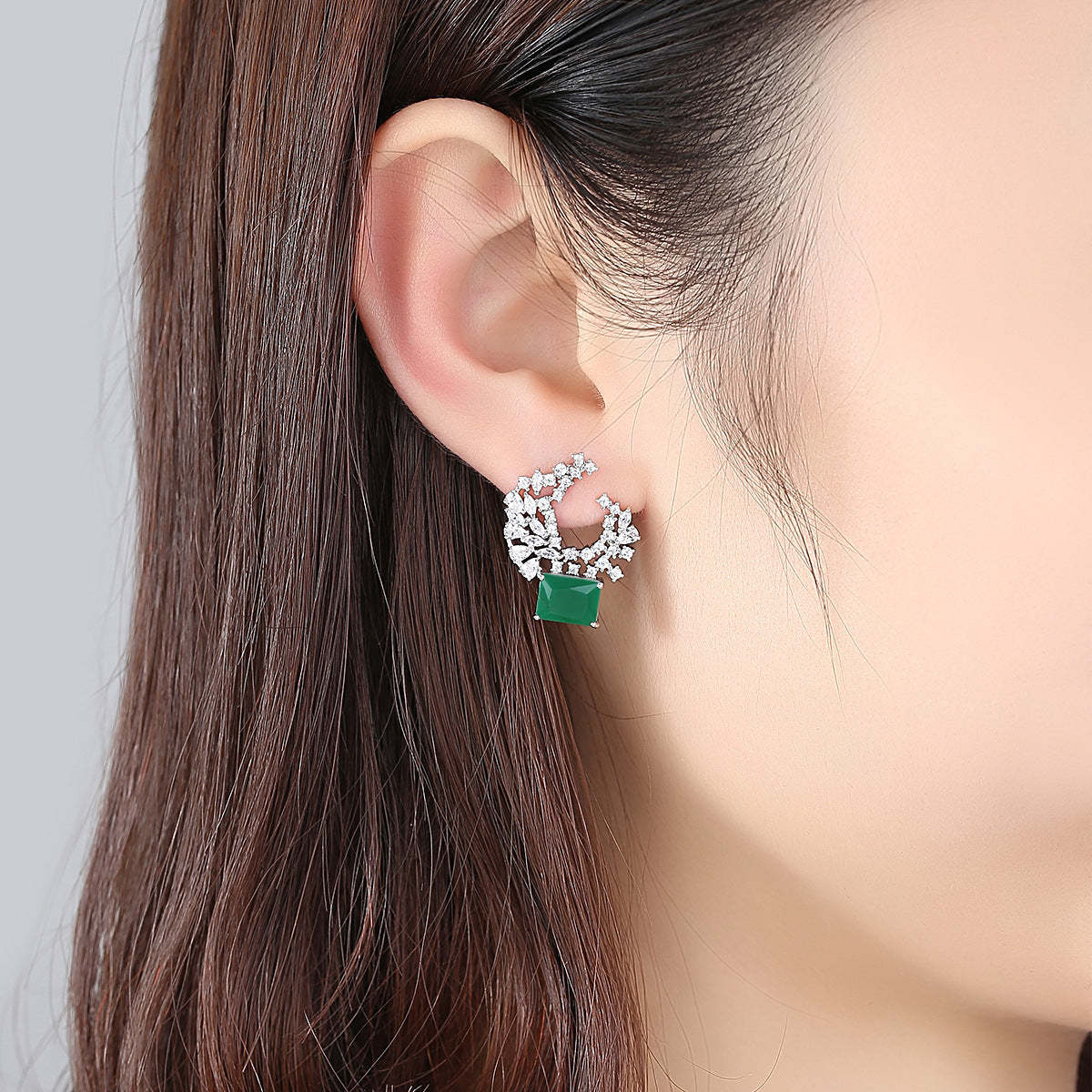 Green & White Timeless Radiant Cut Moissanite Diamonds Elegant 18k White Gold Plated Vintage Retro Stud Earrings | Mix Mix Style-Mix MIx Style