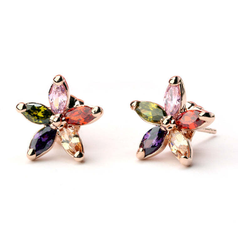 Multicolor Flowers Dainty Marquise Cut Moissanite Diamonds Elegant 18k Vermeil Gold Plated Retro Stud Earrings | Mix Mix Style-Mix MIx Style
