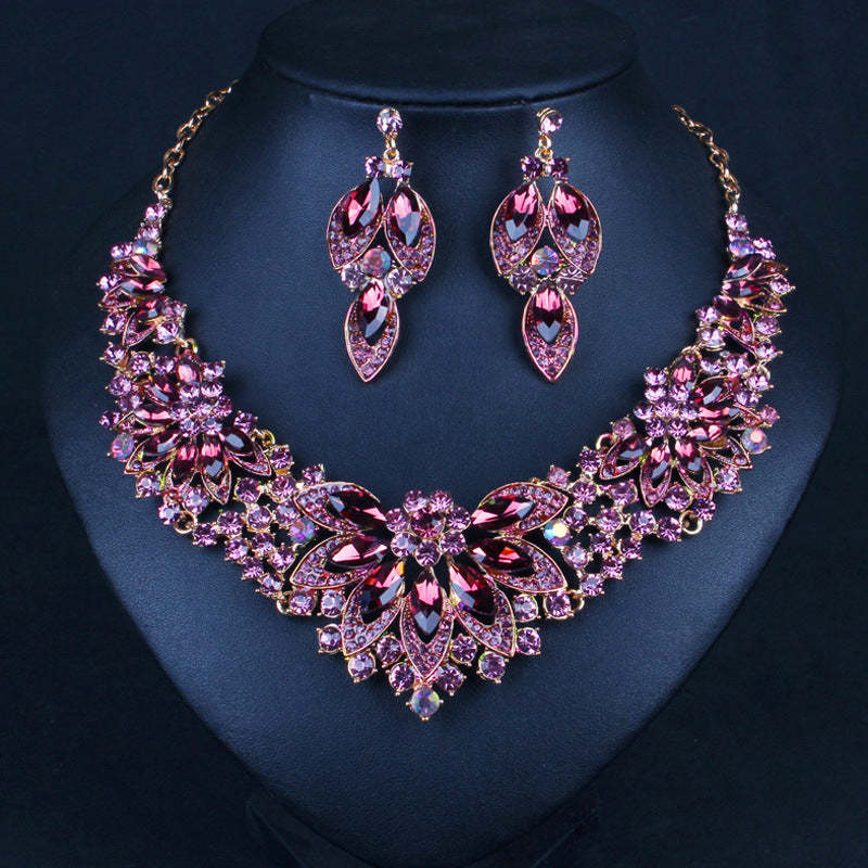 Luxurious Pink Retro Classic Pendant Big Oval Diamonds 18k Gold Plated Necklace & Earring Jewelry Set | Mix Mix Style-Mix MIx Style