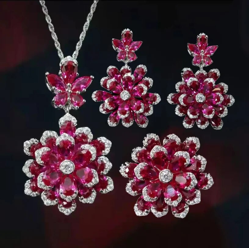 Vintage Flower Moissanite Diamond Sapphire Gemstone Ring/Necklace/Earrings Jewelry Sets | Mix Mix Style [Hot Seller]-Mix MIx Style