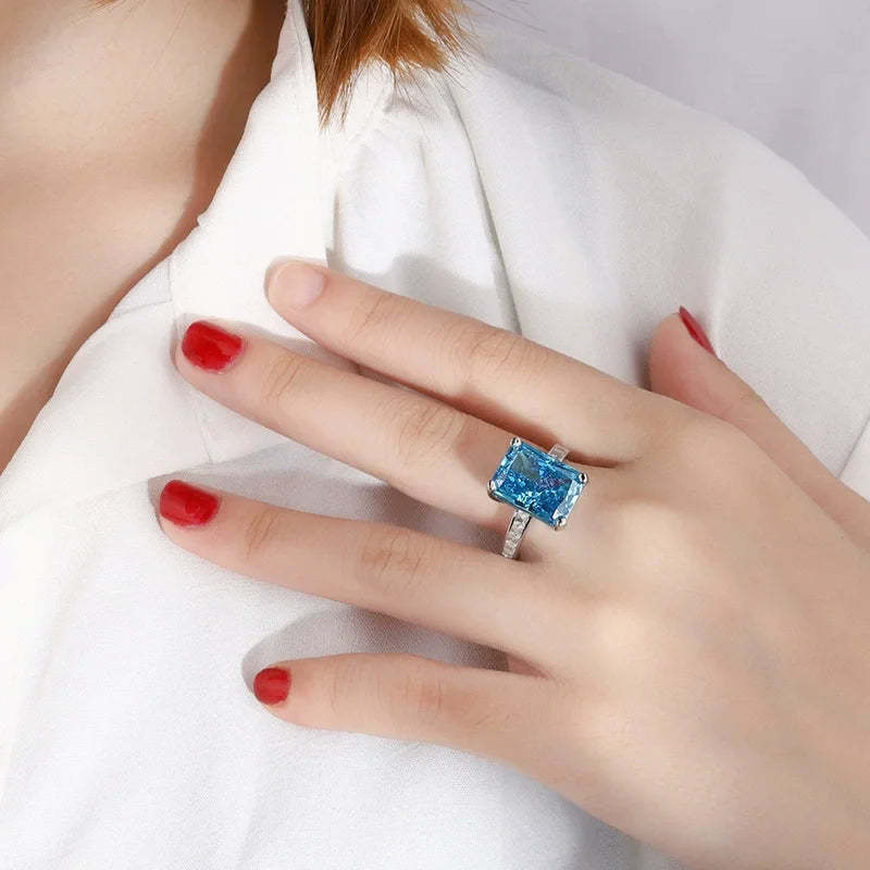 Fine Sea Blue Radiant Cut Moissanite Diamonds 18k White Gold Sparkling Solitarie Engagement Ring | Mix Mix Style-Mix MIx Style