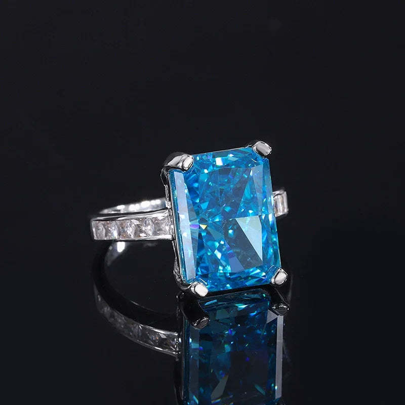 Fine Sea Blue Radiant Cut Moissanite Diamonds 18k White Gold Sparkling Solitarie Engagement Ring | Mix Mix Style-Mix MIx Style