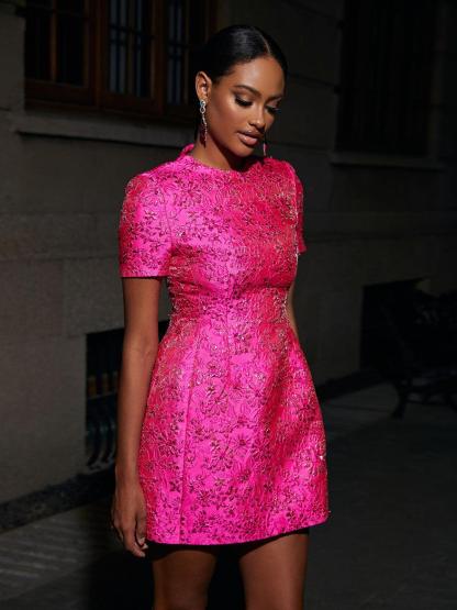 Pink Jacquard Floral Mini Dress | Mix Mix Style [Hot Seller]-Mix MIx Style