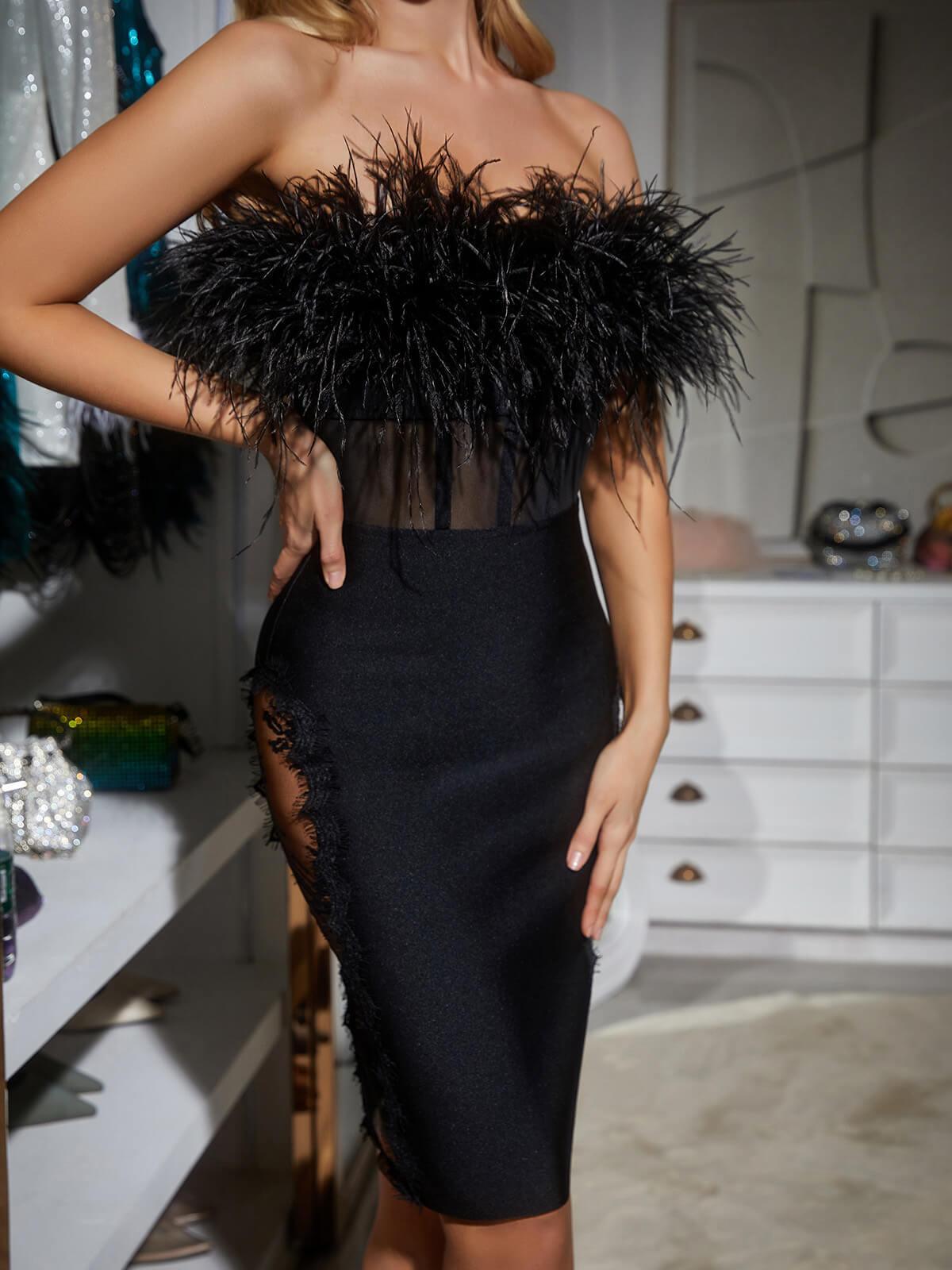 Feather Trimmed Lace Bodycon Dress-Mix MIx Style