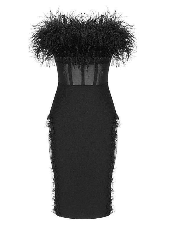 Feather Trimmed Lace Bodycon Dress-Mix MIx Style