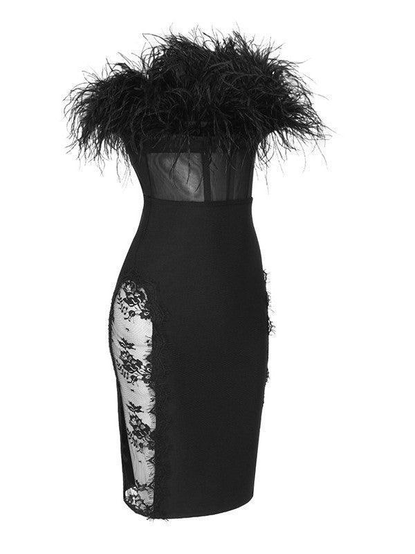 Feather Trimmed Lace Bodycon Dress-Mix MIx Style