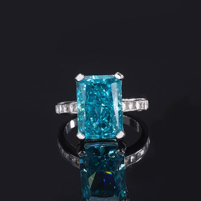 Fine Sea Blue Radiant Cut Moissanite Diamonds 18k White Gold Sparkling Solitarie Engagement Ring | Mix Mix Style-Mix MIx Style