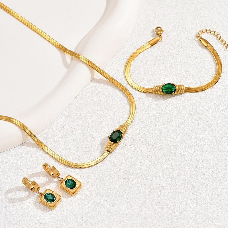 Vintage Adjustable Snake Chain Gold Plated Green Moissanite Jewelry Set | Mix Mix Style [Hot Seller]-Mix MIx Style