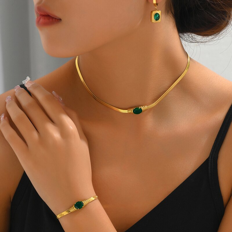 Vintage Adjustable Snake Chain Gold Plated Green Moissanite Jewelry Set | Mix Mix Style [Hot Seller]-Mix MIx Style