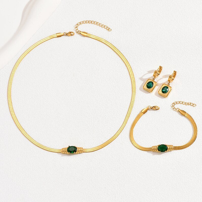 Vintage Adjustable Snake Chain Gold Plated Green Moissanite Jewelry Set | Mix Mix Style [Hot Seller]-Mix MIx Style