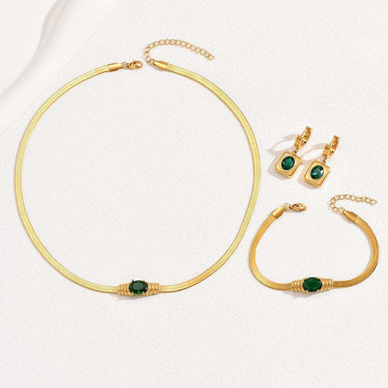 Vintage Adjustable Snake Chain Gold Plated Green Moissanite Jewelry Set | Mix Mix Style [Hot Seller]-Mix MIx Style