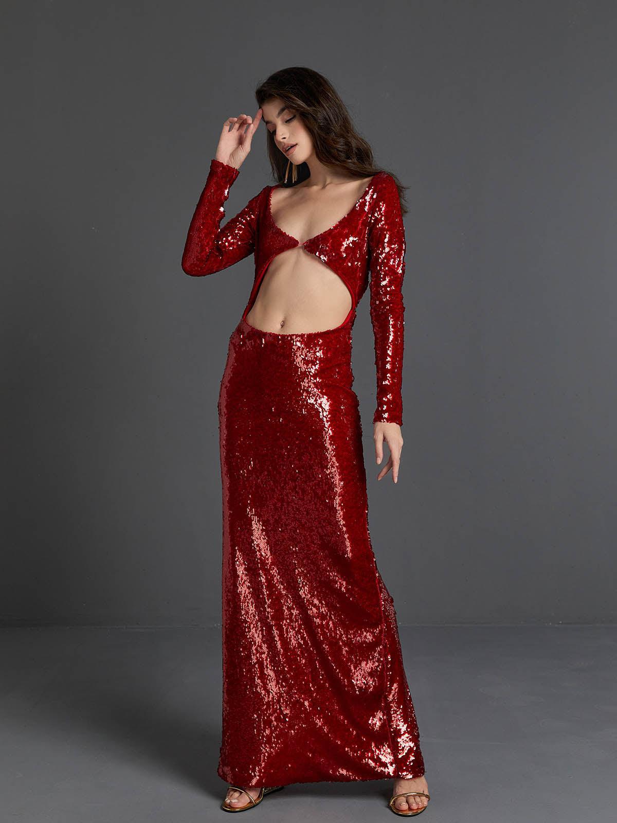 Red Long Sleeve Sequin Cutout Maxi Dress | Mix Mix Style [Hot Seller]-Mix MIx Style