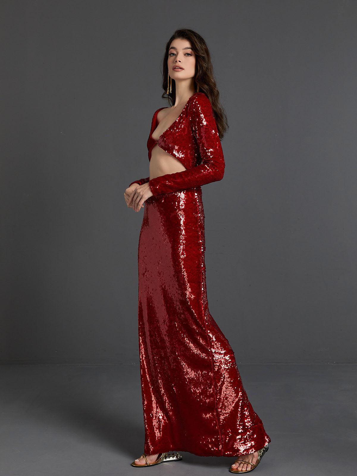 Red Long Sleeve Sequin Cutout Maxi Dress | Mix Mix Style [Hot Seller]-Mix MIx Style