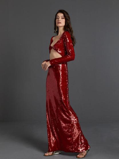 Red Long Sleeve Sequin Cutout Maxi Dress | Mix Mix Style [Hot Seller]-Mix MIx Style