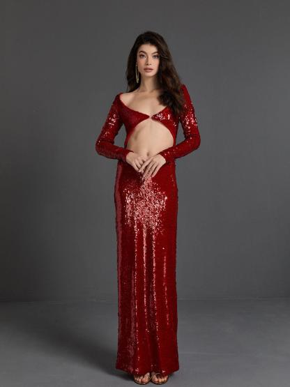 Red Long Sleeve Sequin Cutout Maxi Dress | Mix Mix Style [Hot Seller]-Mix MIx Style