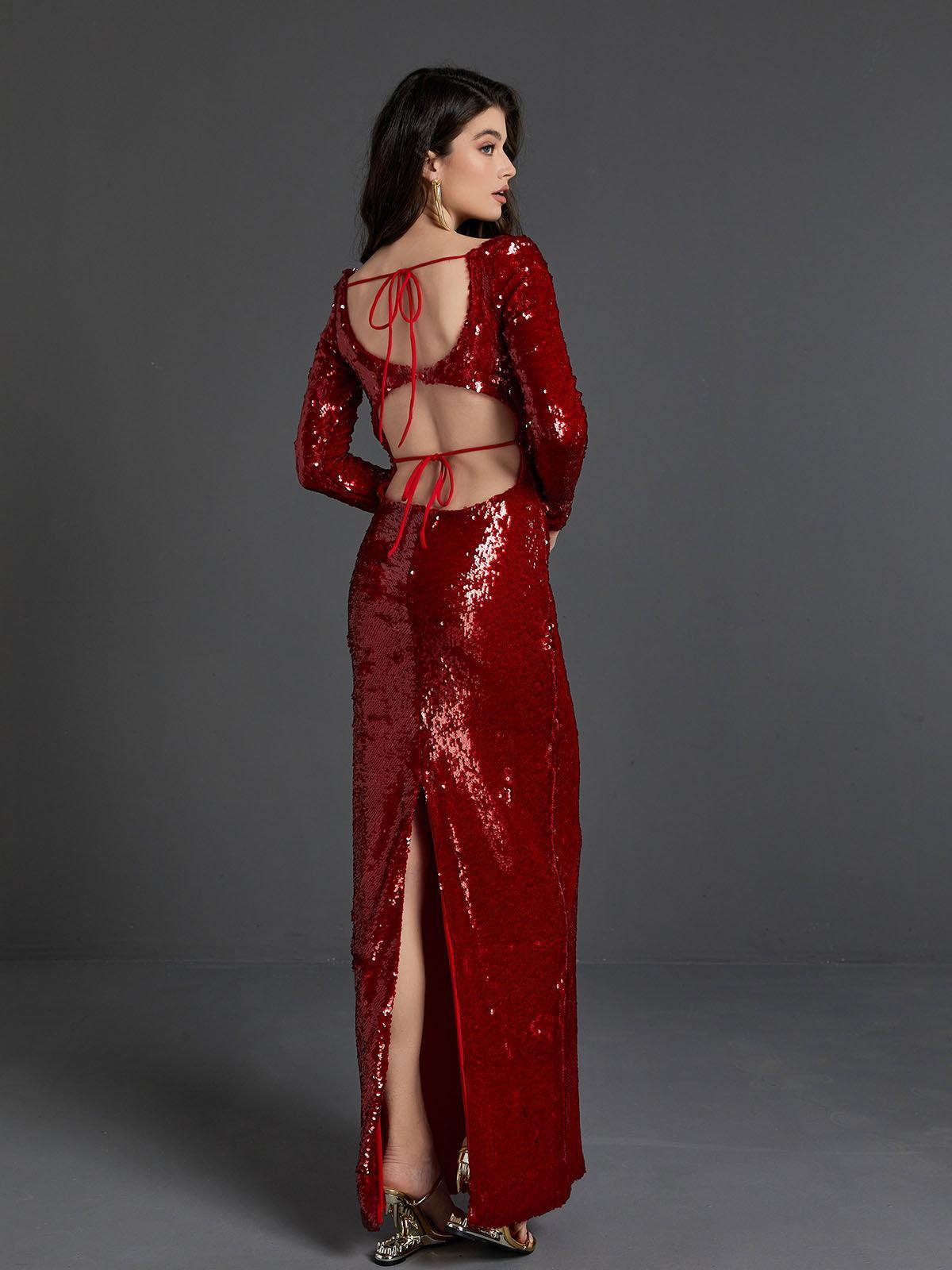 Red Long Sleeve Sequin Cutout Maxi Dress | Mix Mix Style [Hot Seller]-Mix MIx Style
