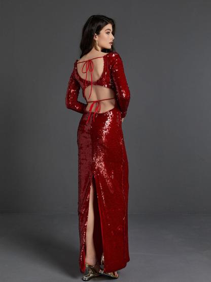 Red Long Sleeve Sequin Cutout Maxi Dress | Mix Mix Style [Hot Seller]-Mix MIx Style