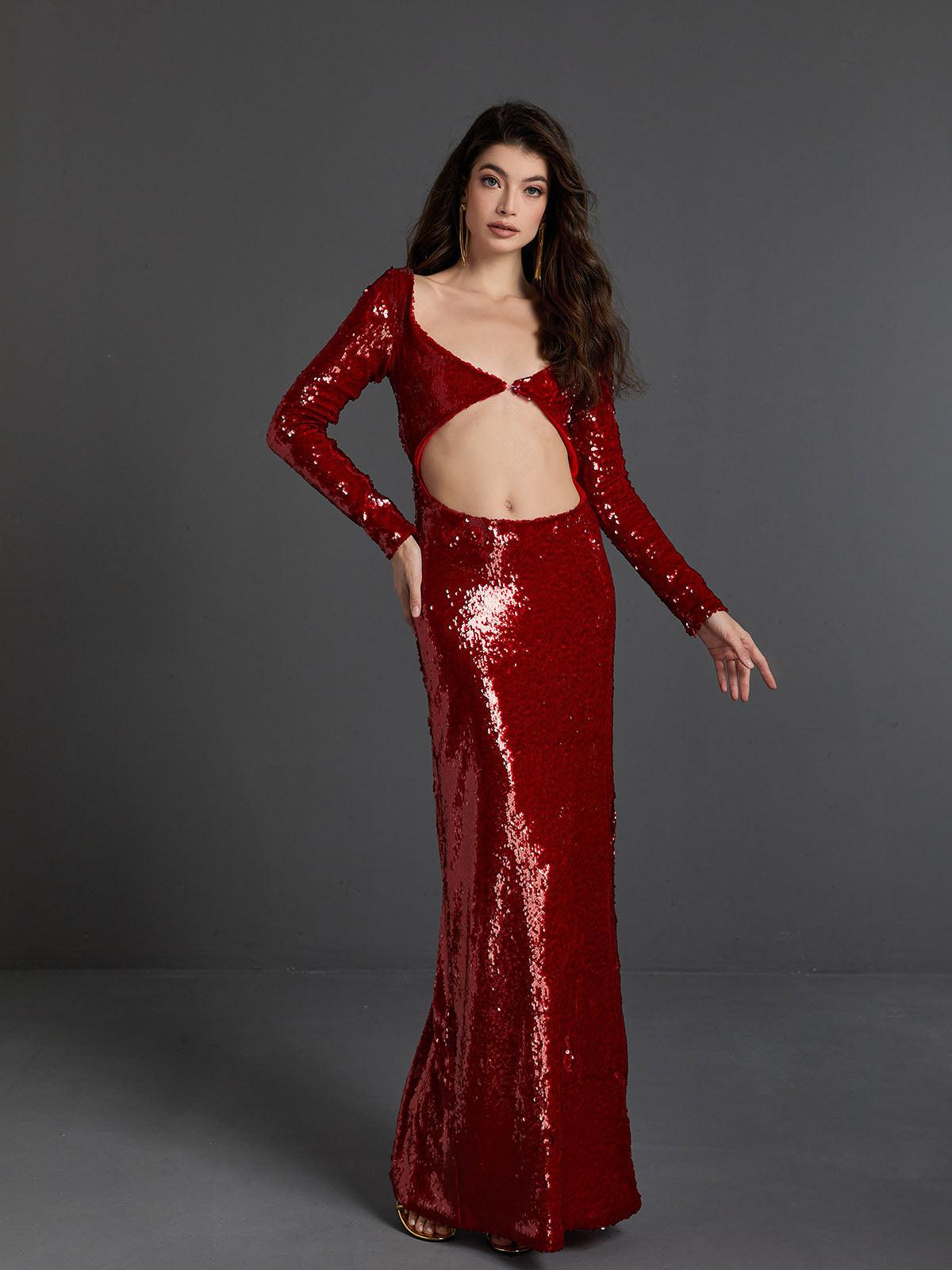 Red Long Sleeve Sequin Cutout Maxi Dress | Mix Mix Style [Hot Seller]-Mix MIx Style