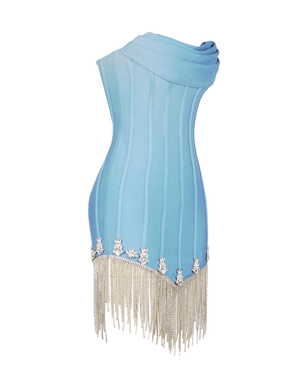Strapless Fringe Bandage Dress In Sky-Mix MIx Style