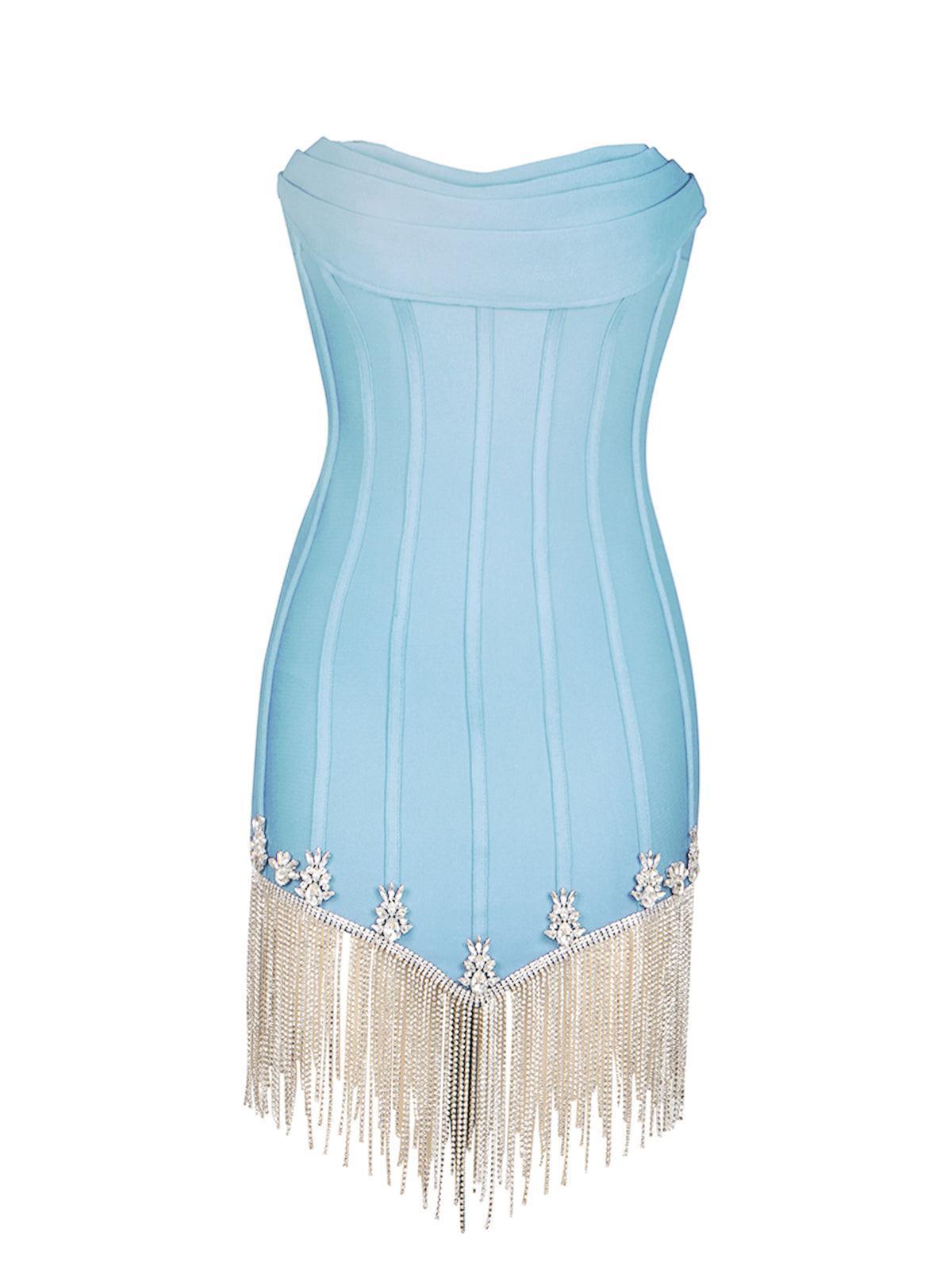 Strapless Fringe Bandage Dress In Sky-Mix MIx Style
