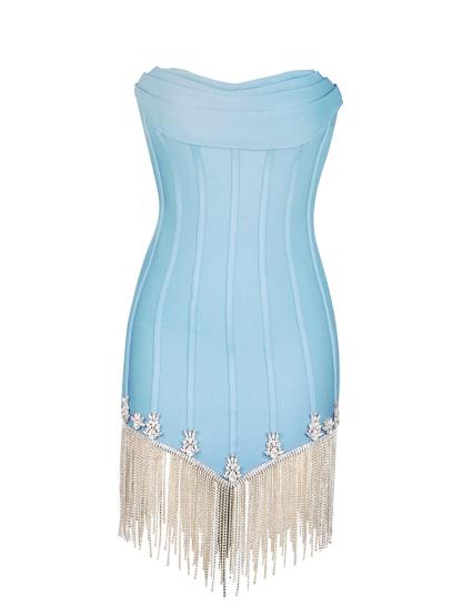 Strapless Fringe Bandage Dress In Sky-Mix MIx Style