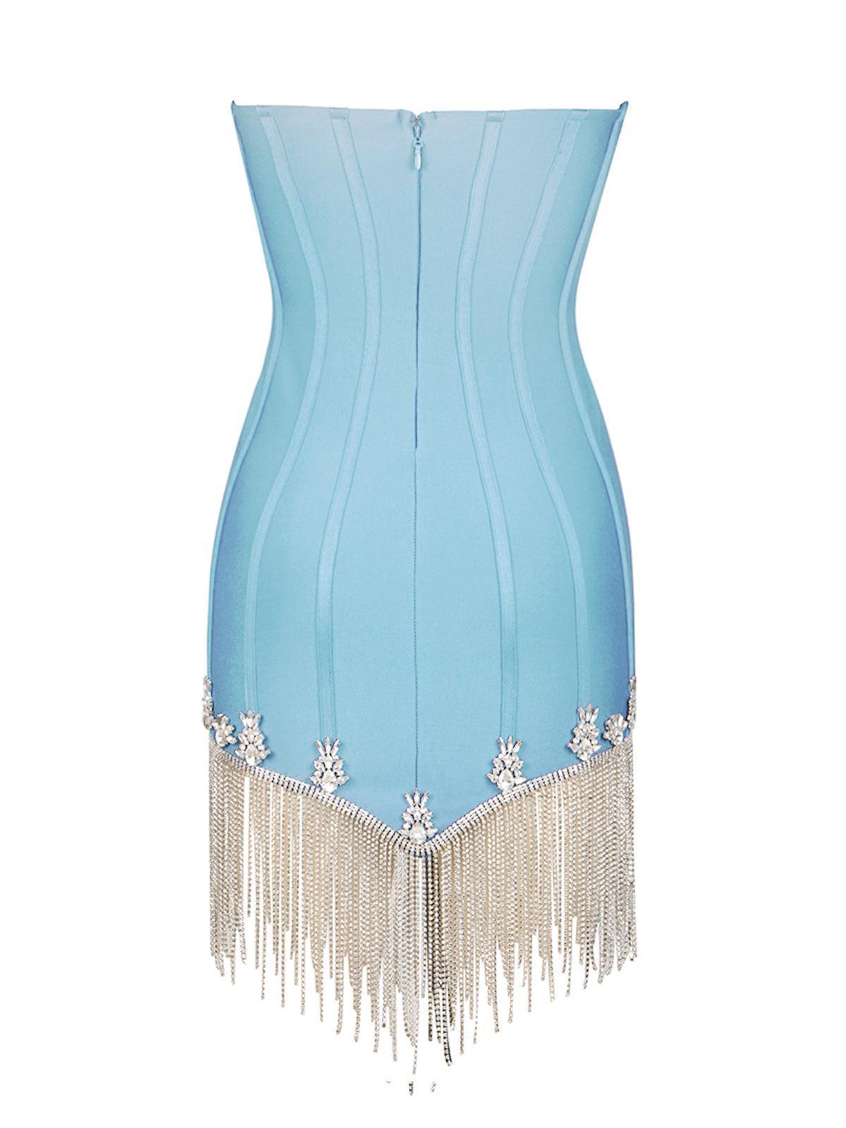 Strapless Fringe Bandage Dress In Sky-Mix MIx Style