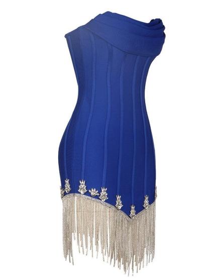 Strapless Fringe Bandage Dress In Royal Blue-Mix MIx Style