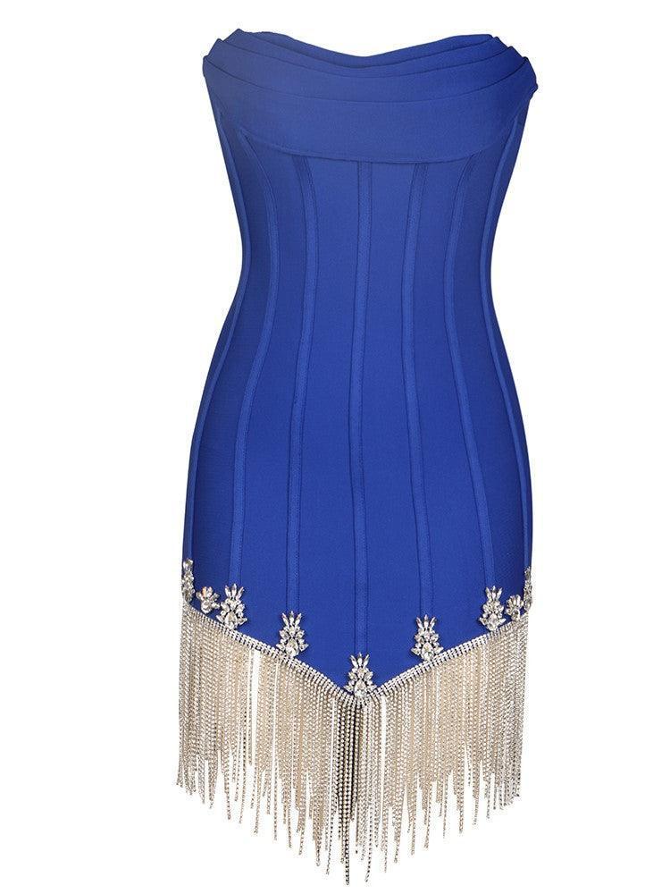 Strapless Fringe Bandage Dress In Royal Blue-Mix MIx Style