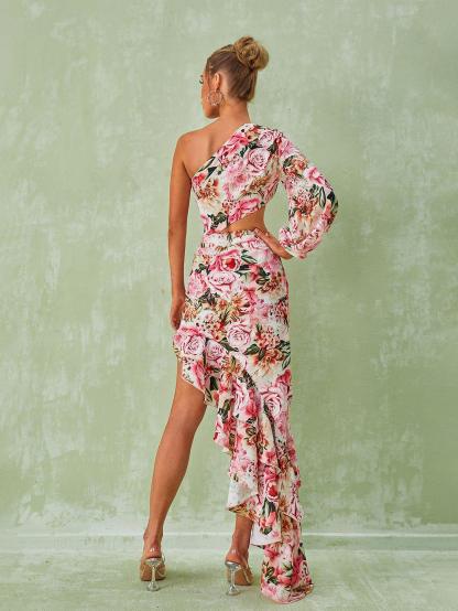 One Shoulder Floral Maxi Dress In Pink | Mix Mix Style [Hot Seller]-Mix MIx Style