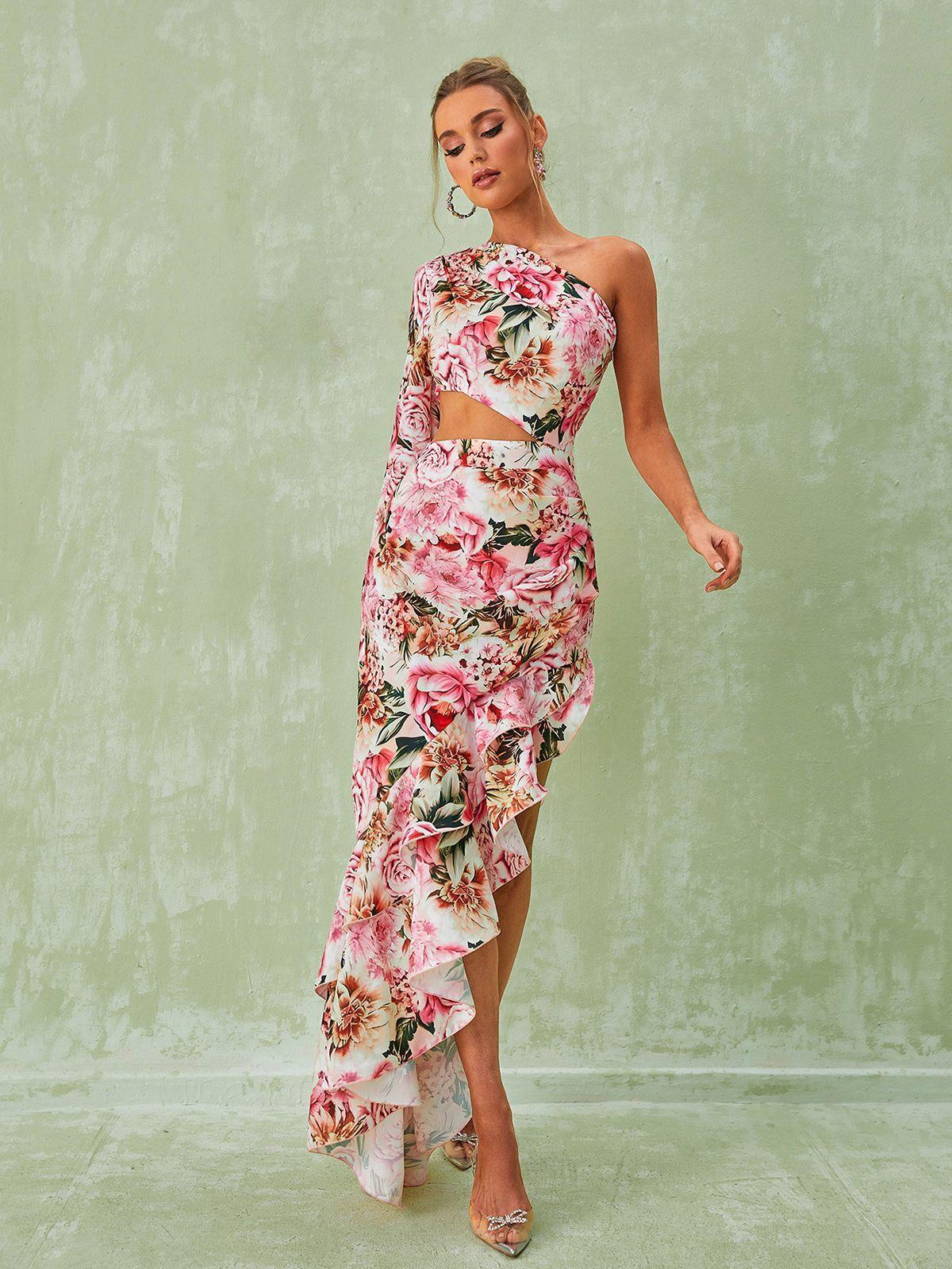 One Shoulder Floral Maxi Dress In Pink | Mix Mix Style [Hot Seller]-Mix MIx Style