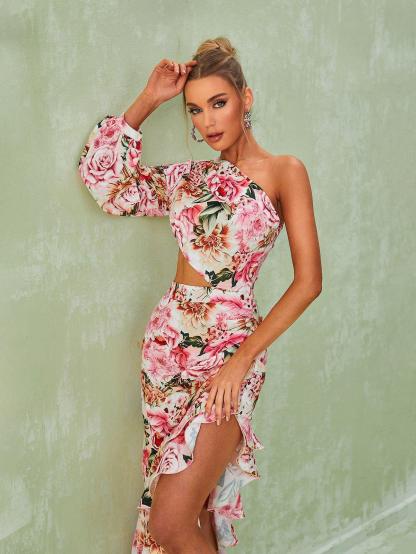 One Shoulder Floral Maxi Dress In Pink | Mix Mix Style [Hot Seller]-Mix MIx Style