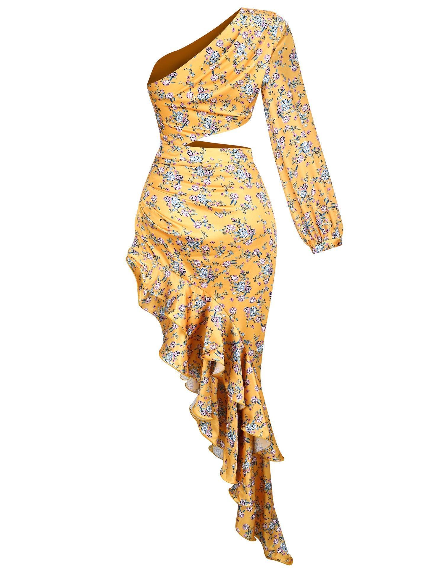One Shoulder Floral Maxi Dress In Yellow-Mix MIx Style