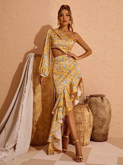 One Shoulder Floral Maxi Dress In Yellow-Mix MIx Style