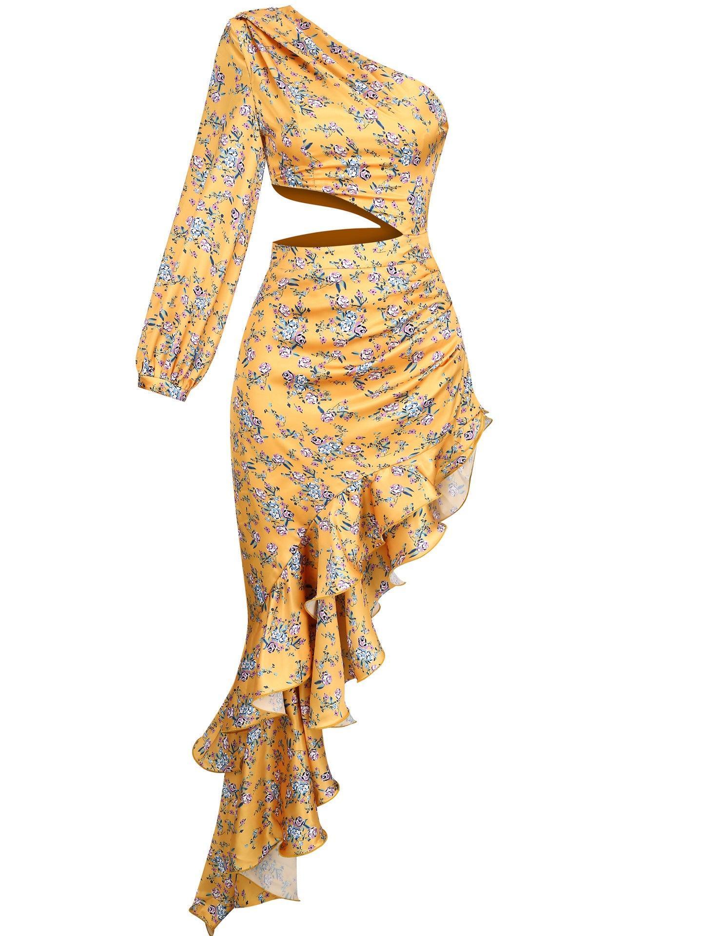 One Shoulder Floral Maxi Dress In Yellow-Mix MIx Style