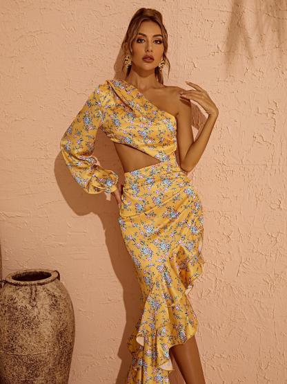 One Shoulder Floral Maxi Dress In Yellow-Mix MIx Style