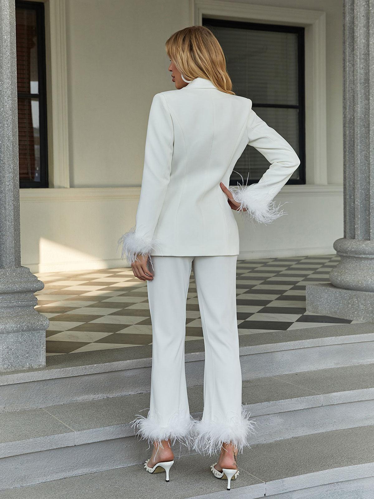 Feather Blazer Set In White | Mix Mix Style [Hot Seller]-Mix MIx Style