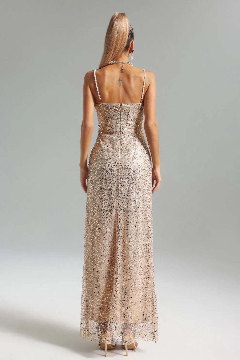 Apricot Strappy Pearls Emebllished Sequins Summer Prom Maxi Dress | Mix Mix Style