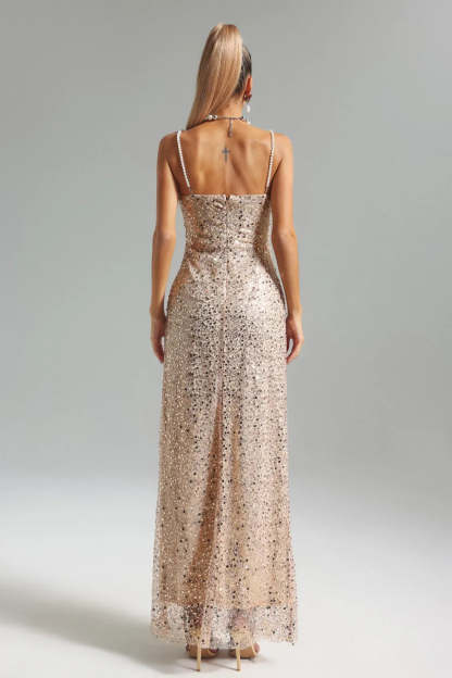 Apricot Strappy Pearls Emebllished Sequins Summer Prom Maxi Dress | Mix Mix Style