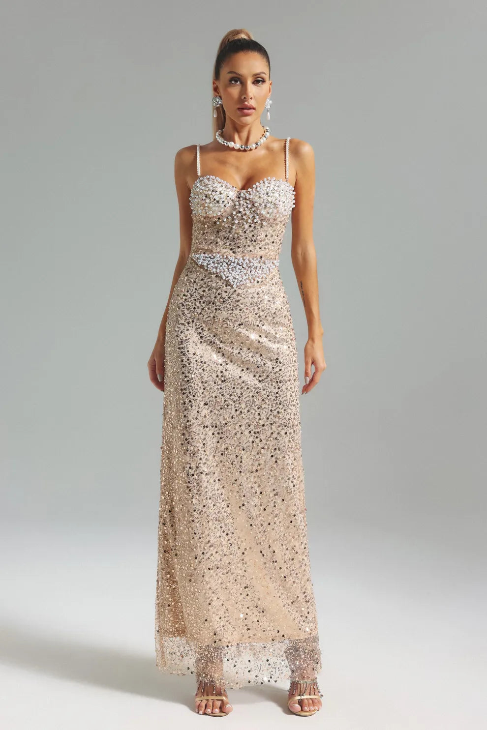 Apricot Strappy Pearls Emebllished Sequins Summer Prom Maxi Dress | Mix Mix Style