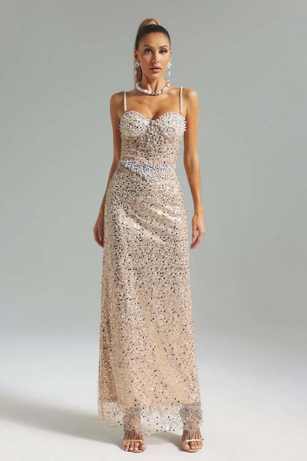 Apricot Strappy Pearls Emebllished Sequins Summer Prom Maxi Dress | Mix Mix Style