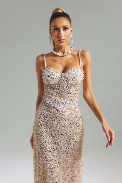 Apricot Strappy Pearls Emebllished Sequins Summer Prom Maxi Dress | Mix Mix Style