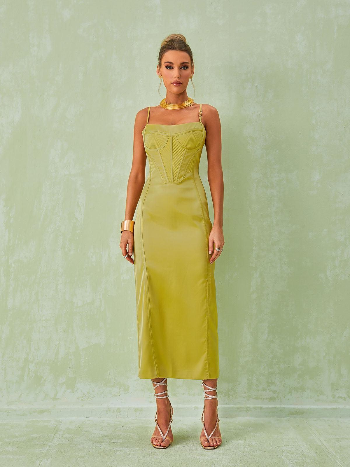 Satin Corset Midi Dress In Green | Mix Mix Style [Hot Seller]-Mix MIx Style